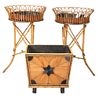 Four Piece Lot to include pair bamboo planters, with copper liners, along with small bamboo stool and wood holder, height 34 1/2 inches, diameter 21 i