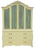 Armoire in White Paint, with stencil decoration, having twin fold-out doors, over side-by-side drawers, height 92 inches, width 62 inches.