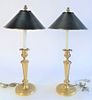 Pair of French Gilt Bronze Candlesticks, made into table lamps, with tole shades, height 23 inches.