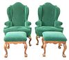 Four Piece Lot, to include pair Kenyon custom upholstered wing chairs, along with a pair of Chippendale style ottomans, all with mohair upholstery, he