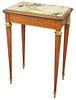 Louis XVI style tulipwood stand with marble top and parquet inlaid drawer front on octagon legs and brass sabot feet, circa 1900, height 29-1/2 inches