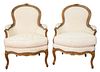 Pair Louis XV Style Bergeres, in custom upholstery, height 36 inches, along with Claremont fabric, Palmadamask, George Spencer pattern.