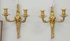 Pair French Gilt Bronze Sconces, two-light, with rams heads mask, height 13 inches.