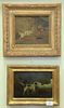 Three Piece Lot, of small hunting dog paintings, to include one scene hunting a fox; an interior scene with two terriers; along with a hound in a land