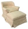 Custom Upholstered Chair and Ottoman, down cushion (slight sun fading), height 31 inches, width 34 inches.