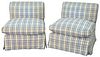 Pair of Custom Upholstered Slipper Chairs with blue and white plaid upholstery; height 28 inches.