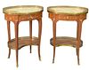 Pair of Louis XV Style Oval Stands, each with brass gallery, marble top over inlaid drawer, total height 27 inches, top 14 1/2" x 20 1/4". Provenance: