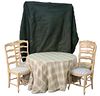 Six Piece Lot to Include, Table and Four French Style Chairs, plain table with custom cover, height 29 inch, diameter 48 inches.