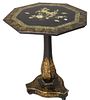 Victorian Paper Mache and Black Laquered Table, having mother of pearl inlay and gilt decoration, height 24 3/4 inches, diameter 21 inches.