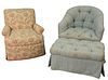 Two Custom Upholstered Club Chairs, to include one tufted barrel back with ottoman; along with one in floral upholstery, height 32 inches, width 33 in
