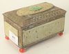 Chinese embossed copper box with jade and hardstone plaques, height 3 inches, width 5-1/4 inches, depth 3 inches.