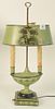 Louis XVI Style Green Painted Tole Bouillotte Lamp, having landscape scene on adjustable shade, along with stenciled details, over urn form two-light 