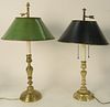 Two French Brass Candlesticks, made into lamps, with adjustable tole shades, height 24 inches.