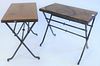Pair of Iron rectangle tables with cross stretcher base and leather tops, height 23 inches, top 15" x 25".
