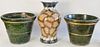 Three Piece Lot, to include pair of decorative, earthenware urns, height 16 inches, diameter 19 1/2 inches; along with a glazed planter (as is).