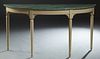 French Louis Philippe Polychromed Demilune Console Table, 19th c., the faux marble top over a wide skirt, on turned tapered legs, now in creme paint, 