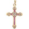 CROSS WITH RUBIES AND DIAMONDS IN 14K YELLOW GOLD 13 Square cut rubies ~0.26 ct and 13 8x8 cut diamonds ~0.08 ct