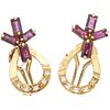 PAIR OF EARRINGS WITH RUBIES AND DIAMONDS IN 14K YELLOW GOLD 8 Rectangular cut rubies ~0.80 ct and 10 8x8 cut diamonds ~0.14 ct