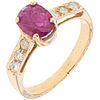 RING WITH RUBY AND DIAMONDS IN 14K YELLOW GOLD 1 Oval cut ruby ~0.40 ct, 6 8x8 cut diamonds ~0.18 ct. Size: 5