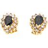 PAIR OF STUD EARRINGS WITH SAPPHIRES AND DIAMONDS IN 14K YELLOW GOLD 2 Pear cut sapphires~1.20ct, 28 Diamonds (different cuts) ~0.70ct