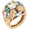 RING WITH DIAMONDS AND EMERALDS IN 18K PINK GOLD 1 Antique cut diamond ~1.70ct Clarity: I2-I3, 10 diamonds and 4 emeralds