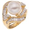 RING WITH CULTIVATED PEARL AND DIAMONDS IN 18K YELLOW GOLD 1 White pearl, 51 Diamonds (different cuts) ~1.90 ct. Size: 6¼