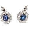 PAIR OF SAPPHIRE AND DIAMOND EARRINGS IN 18K PINK GOLD AND PLATINUM 2 Oval cut sapphires ~1.30ct, 18 Antique cut diamonds~1.25ct