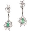 PAIR OF EARRINGS WITH EMERALDS AND DIAMONDS IN PALLADIUM SILVER 2 Pear cut emeralds ~1.50 ct, 60 8x8 cut diamonds ~0.60 ct