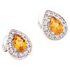 PAIR OF STUD EARRINGS WITH CITRINES AND DIAMONDS IN 14K WHITE GOLD 2 Pear cut citrines ~0.80ct, 26 Brilliant cut diamonds ~0.08ct