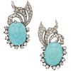 PAIR OF EARRINGS WITH TURQUOISES AND DIAMONDS IN PALLADIUM SILVER 2 Cabochon cut turquoises ~11.0 ct, 86 8x8 cut diamonds ~1.0 ct