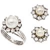 RING AND PAIR OF STUD EARRINGS WITH CULTIVATED PEARLS AND DIAMONDS IN PALLADIUM SILVER 3 Pearls, 30 Diamonds (different cuts)