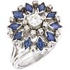 RING WITH DIAMONDS AND SAPPHIRES IN PALLADIUM SILVER 1 Brilliant cut diamond, 10 Marquise cut sapphires, 18 8x8 cut diamonds