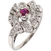 RING WITH RUBY AND DIAMONDS IN 10K WHITE GOLD 1 Oval cut ruby ~0.18 ct, 24 8x8 cut diamonds~0.24 ct. Size: 6 ¾