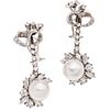 PAIR OF EARRINGS WITH CULTIVATED PEARLS AND DIAMONDS IN PALLADIUM SILVER 2 Grey pearls, 56 Diamonds (different cuts) ~2.7 ct