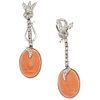 PAIR OF EARRINGS WITH CORALS AND DIAMONDS IN PALLADIUM SILVER 2 Cabochon cut orange coral, 58 Marquise and 8x8 cut diamonds