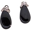 PAIR OF EARRINGS WITH ONYX AND DIAMONDS IN 14K WHITE GOLD 2 onyx applications, 26 Diamonds (different cuts) ~0.24 ct