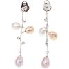 PAIR OF EARRINGS WITH CULTIVATED PEARLS AND DIAMONDS IN 14K WHITE GOLD 6 Multicolor pearls, 8 Brilliant cut diamonds ~0.05 ct