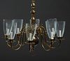 Dutch Baroque Style Burnished Brass Eight Light Chandelier, 20th c., the knopped support to a platform issuing eight scrolled arms with bobeches and c