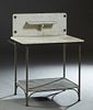 American Iron and Marble Top Washstand, early 20th c., the ogee edge rounded corner back splash with a central horizontal shelf, over a figured white 
