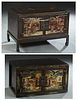 Two Pieces of Chinese Black Lacquer Furniture, early 20th c., consisting of a double door chest on stand, and another chest without a stand, both with