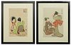 Toyohara Chikanobu (1838-1912, Japanese), "Kesho (Make-Up)," and "Two Geishas," 20th c., pair of woodblock and watercolor prints, after the 19th c. or