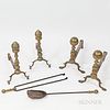 Two Pairs of Brass Andirons and Two Fireplace Accessories