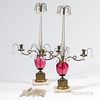 Pair of Cranberry and Crystal Girandoles,19th century
