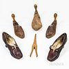 Pair of Vintage Leather Women's Shoes, Three Wooden Shoe Molds, and a Glove Stretcher.