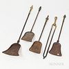 Five Brass and Iron Fireplace Tools,America, early 19th century
