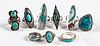Nine Native American silver and turquoise rings