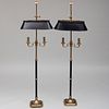Pair of Directoire Style Brass and Patinated Metal Two Light Floor Lamps with TÃ´le Shades