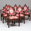Set of Six English Neo-Gothic Carved Oak Armchairs