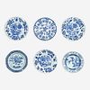 A group of six Chinese blue and white porcelain dishes Kangxi period to early 19th Century
