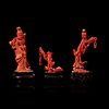 Three Chinese carved coral figural groups, meiren and peach, man and basket, meiren and flower